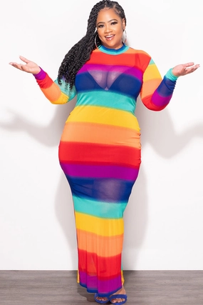 Final Sale Plus Size Sheer Mesh Bodycon Dress in Rainbow Stripes Sleek Comfort
