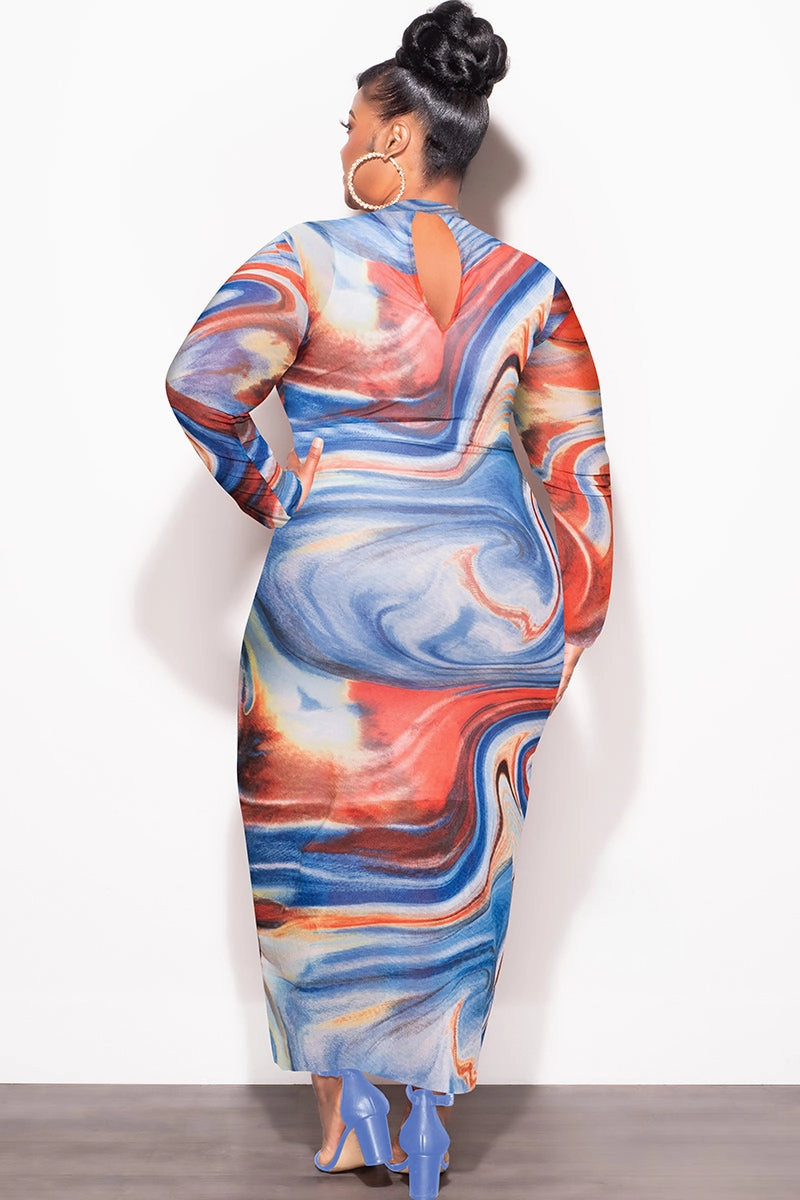 Flattering Comfort Seamless Waistband Final Sale Plus Size Sheer Mesh Bodycon Dress in Red & Blue Print