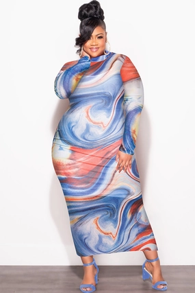 Final Sale Plus Size Sheer Mesh Bodycon Dress in Red & Blue Print On The Move