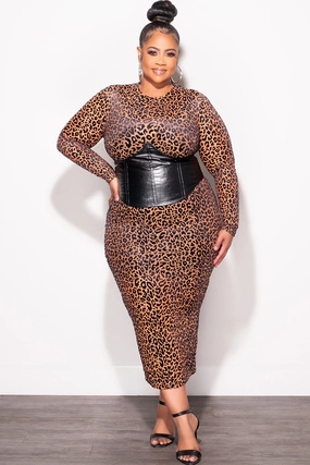 Performance Ready Final Sale Plus Size Sheer Mesh Dress with Faux Leather Corset Waist Midi in Brown with Black Spots