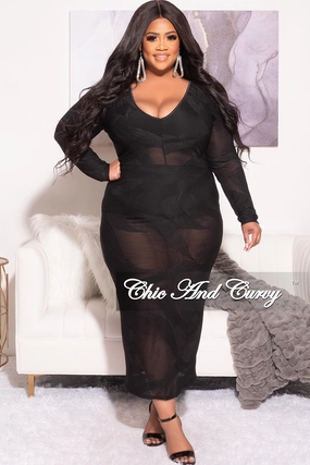 Non Slip Waistband Final Sale Plus Size Sheer Midi Dress with Tie Back Slit in Black