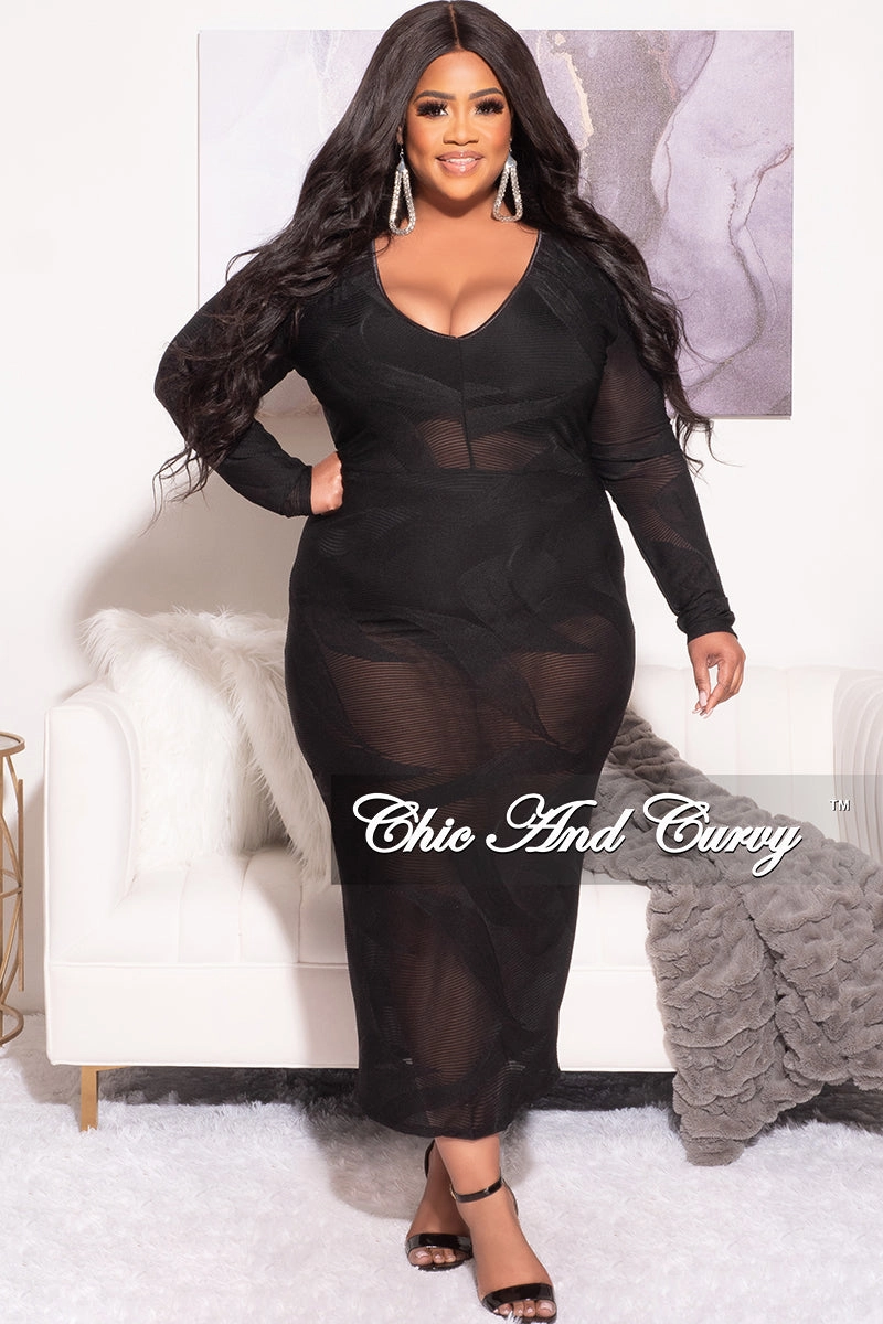 Non Slip Waistband Final Sale Plus Size Sheer Midi Dress with Tie Back Slit in Black