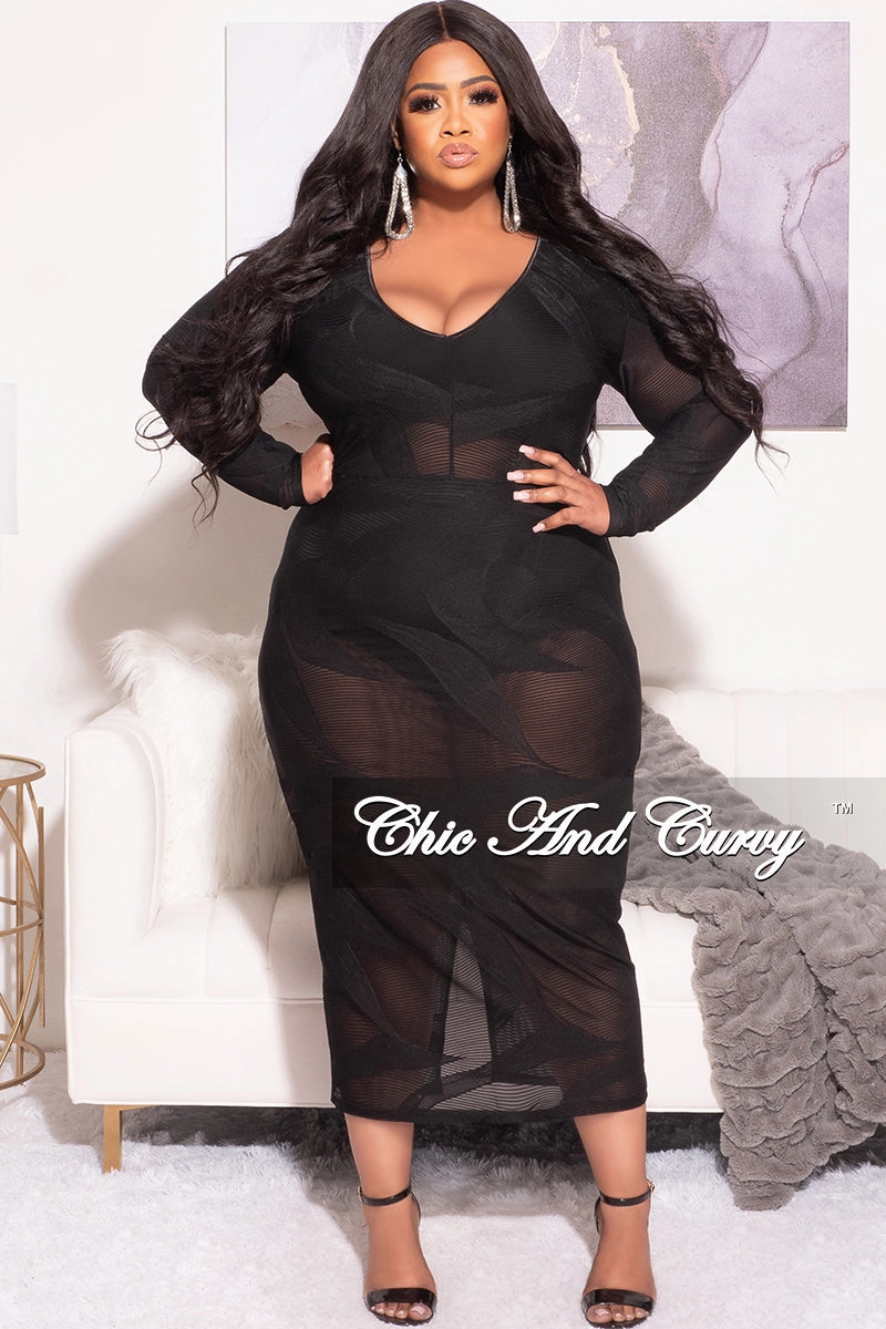 Final Sale Plus Size Sheer Midi Dress with Tie Back Slit in Black Flexible Knee Articulation High Density Weave