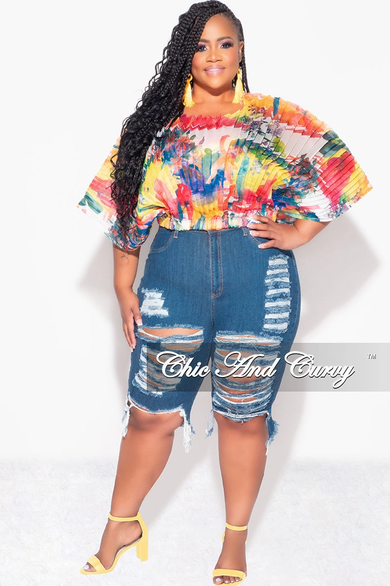 Final Sale Plus Size Sheer Pleated Top in Red, Yellow, & Blue Multi Color G179 Weekend Adventure