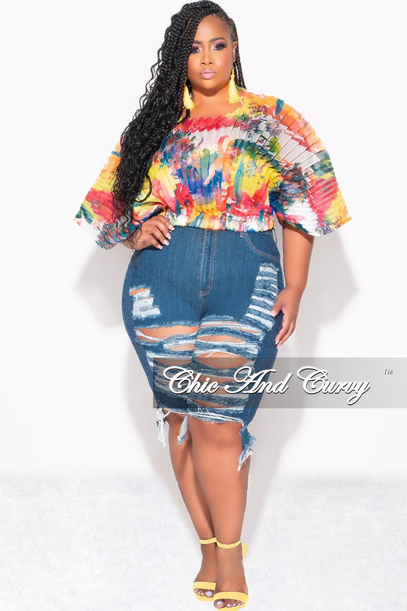 Final Sale Plus Size Sheer Pleated Top in Red, Yellow, & Blue Multi Color G179 No Ride Fit Stay Flexible