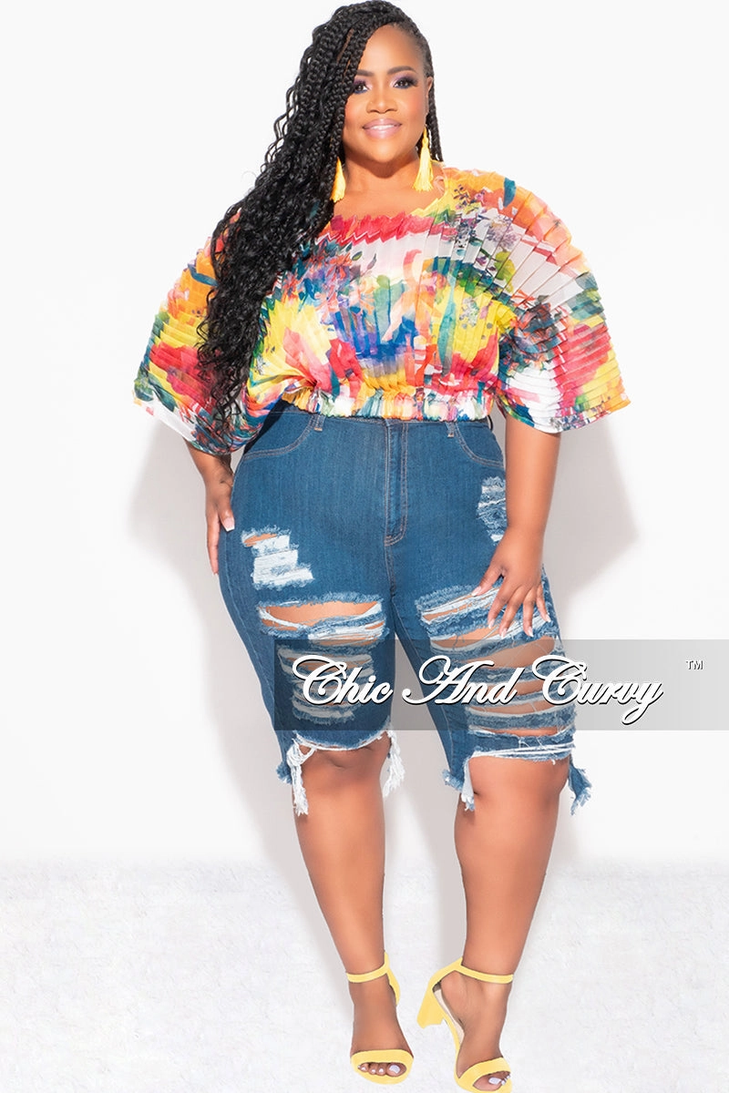 Final Sale Plus Size Sheer Pleated Top in Red, Yellow, & Blue Multi Color G179 Flexibility Built-In Flexible shape