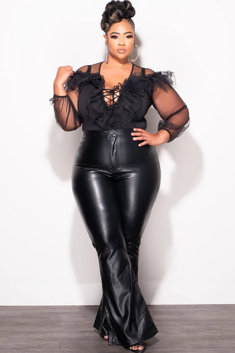 Trendy Look Soft Comfort Final Sale Plus Size Sheer Sleeve Tulle Bodysuit in Black
