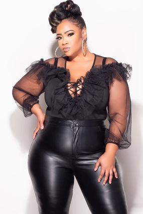 Final Sale Plus Size Sheer Sleeve Tulle Bodysuit in Black Wrinkle resistant fabric Wear Resistant Fabric