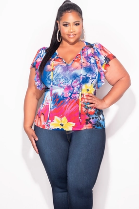 Active Design Quick Change Final Sale Plus Size Sheer Top with Ruffle Layered Sleeves in Royal Blue Floral Print