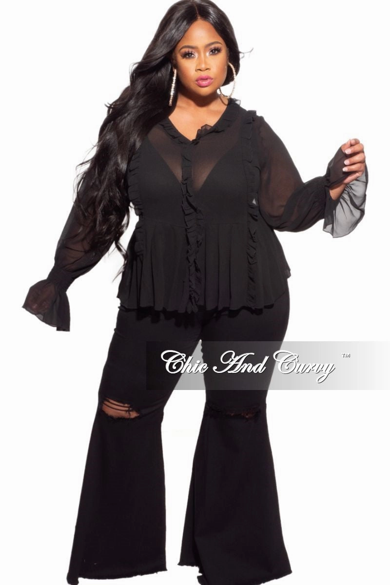 Final Sale Plus Size Sheer Top with Ruffle Sleeves Moisture Management Durable Weave