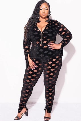 Final Sale Plus Size Sheer Zip-Up Bodycon Jumpsuit in Trellis Design in Black Chill Fit