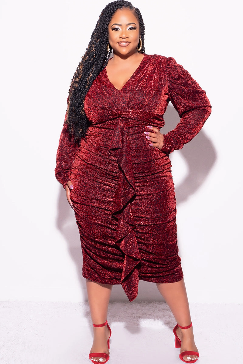 hypoallergenic material Final Sale Plus Size Shimmer Bodycon Dress with Ruched Center & Ruffle in Red and Black