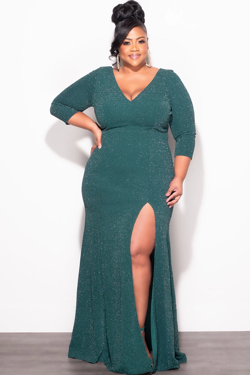 Compact Fit Durable Twill Final Sale Plus Size Shimmer Gown with Front Slit in Green
