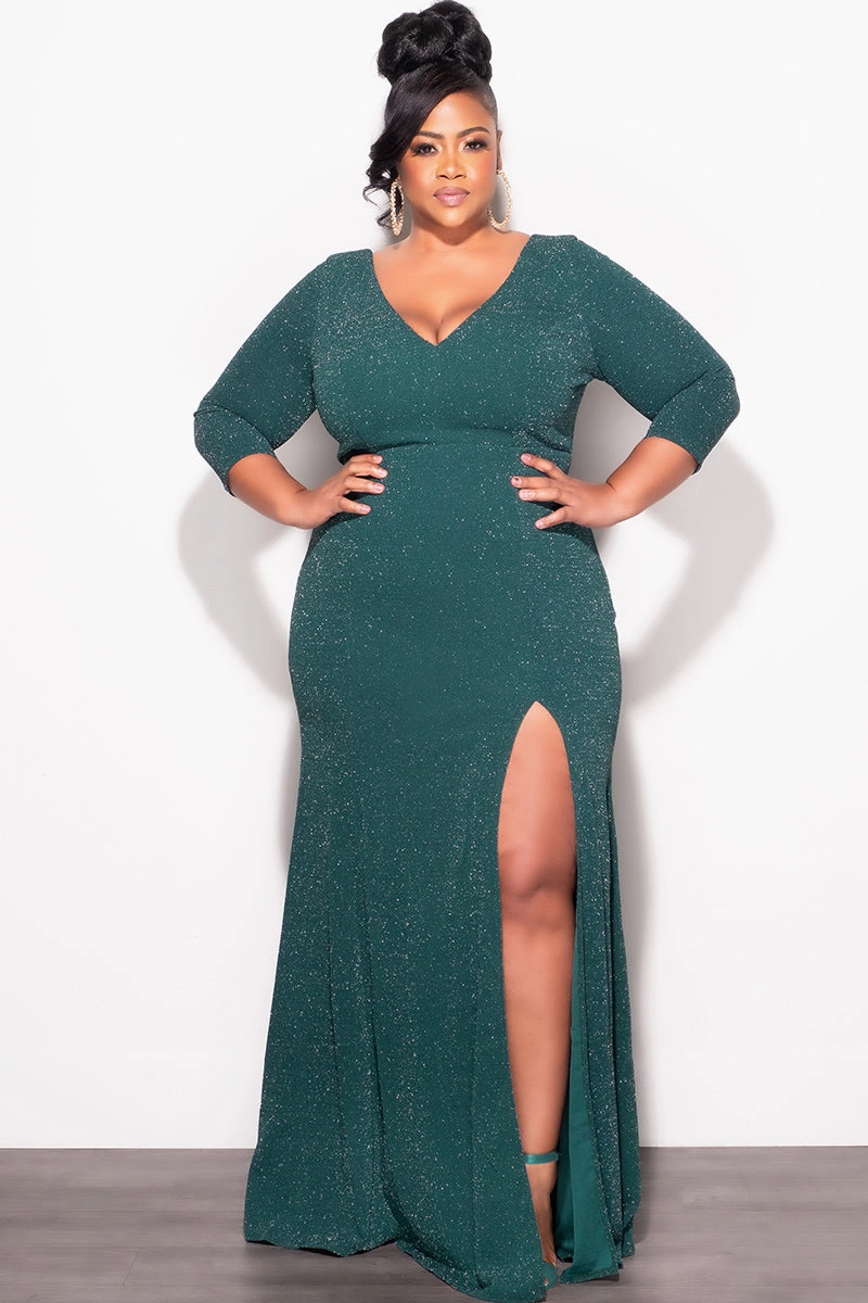 TemperatureRegulation Final Sale Plus Size Shimmer Gown with Front Slit in Green