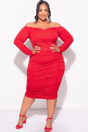 Final Sale Plus Size Shimmer Off The Shoulder Ruched BodyCon Dress in Red Layered Panel Design Trendy Layering