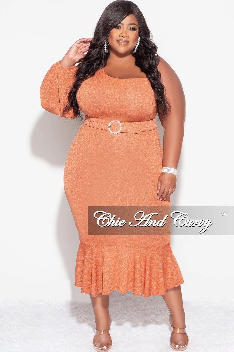 Windproof Design Final Sale Plus Size Shimmer One Shoulder Midi Dress with Bottom Ruffle in Rust