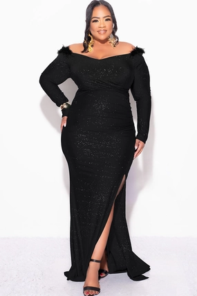 Final Sale Plus Size Shimmer Ruched Maxi Dress with Feather Trim in Black Reflective Trim Options Chic Fit