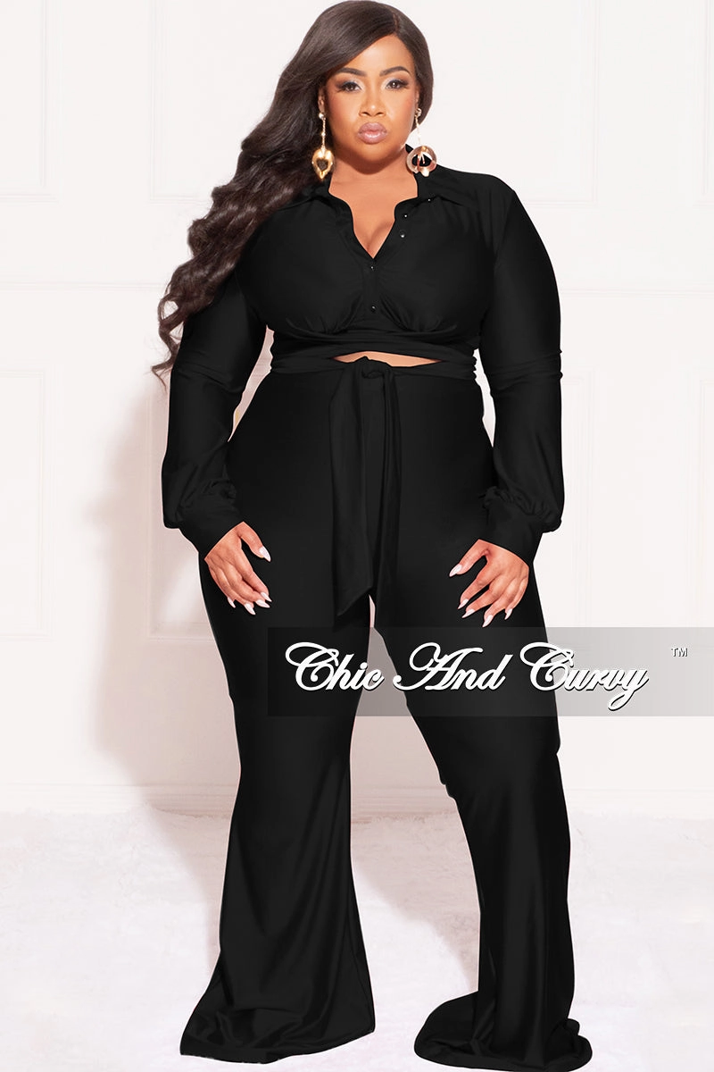 Flex Foam Inserts Street Style Final Sale Plus Size Shiny 2pc Collar Button Up Crop Tie Top and Bell Bottom Pants Set in Black