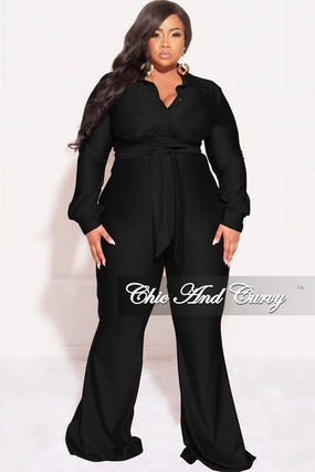 Final Sale Plus Size Shiny 2pc Collar Button Up Crop Tie Top and Bell Bottom Pants Set in Black Stretchable Waist OrganicCotton