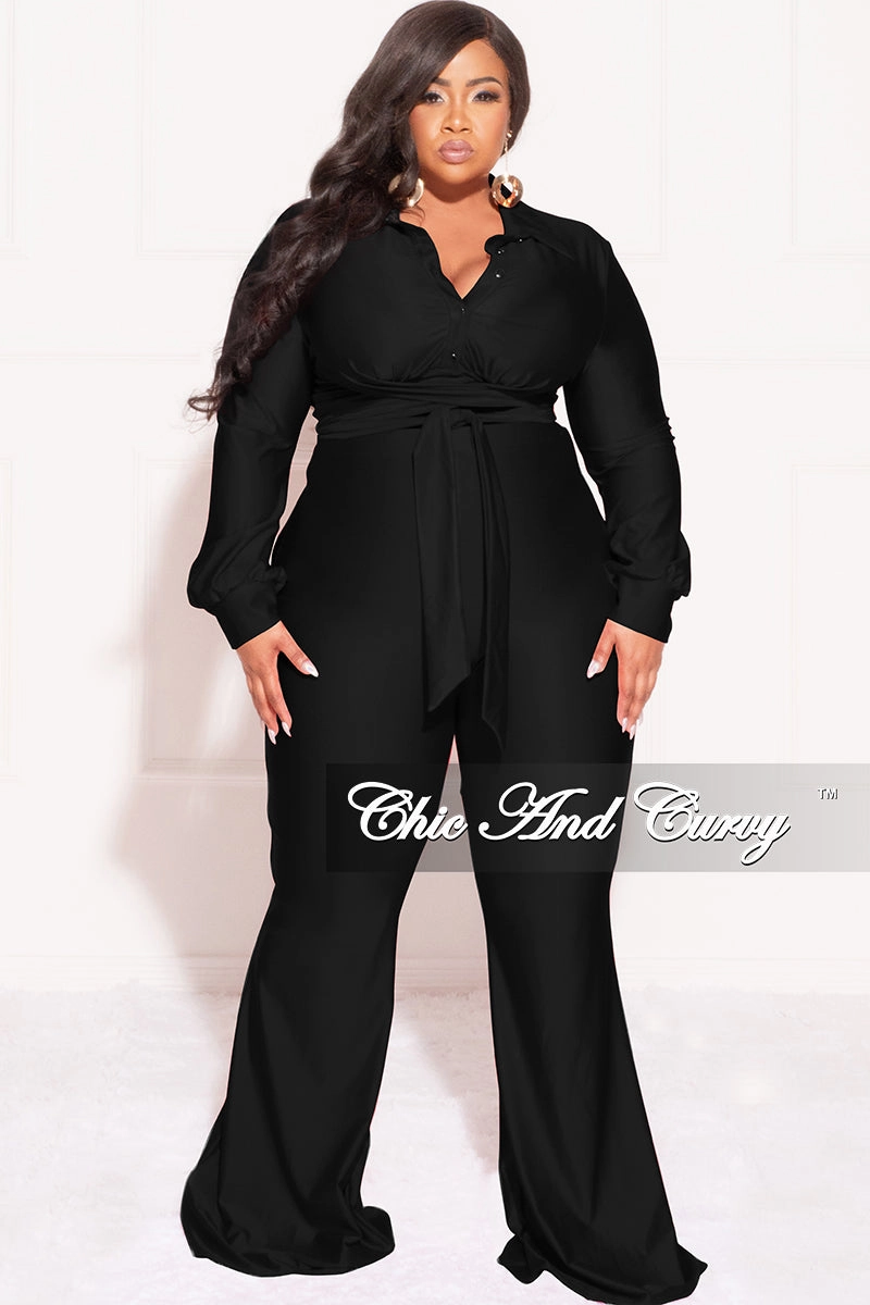 Final Sale Plus Size Shiny 2pc Collar Button Up Crop Tie Top and Bell Bottom Pants Set in Black Stretchable Waist OrganicCotton