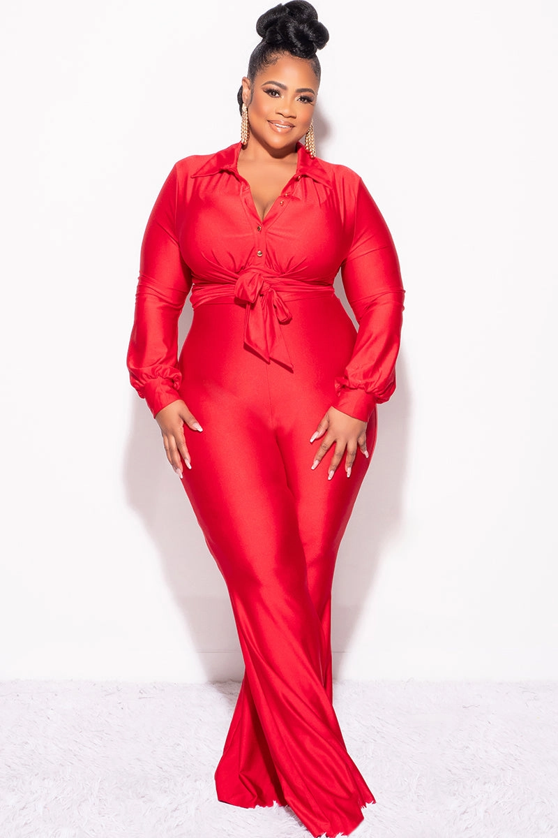 Final Sale Plus Size Shiny 2pc Collar Button Up Crop Tie Top and Bell Bottom Pants Set in Red Performance Ready Abrasion Proof Reinforcements