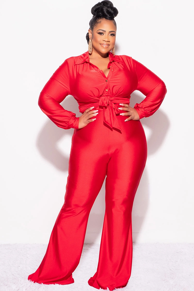 Final Sale Plus Size Shiny 2pc Collar Button Up Crop Tie Top and Bell Bottom Pants Set in Red Non Restrictive Fit