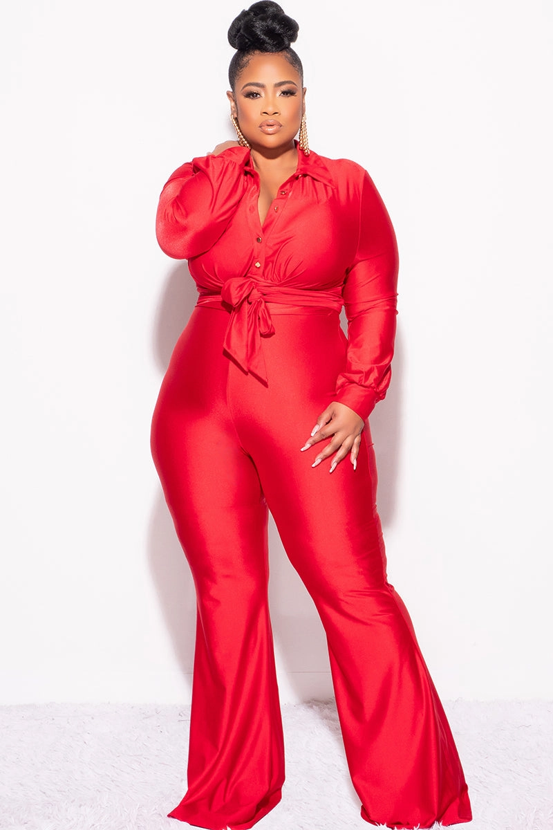 Non Irritating Seams Thermal regulation Final Sale Plus Size Shiny 2pc Collar Button Up Crop Tie Top and Bell Bottom Pants Set in Red