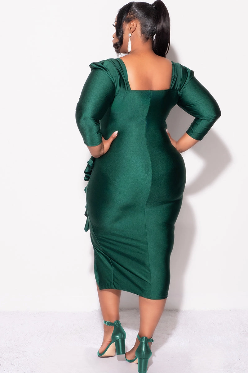 Chic Fit Final Sale Plus Size Shiny BodyCon Dress with Side Ruffle and Front Slit in Green