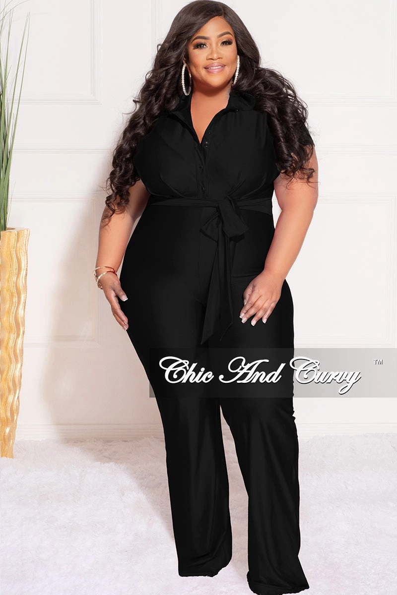 High Mobility Final Sale Plus Size Shiny Collar Button Up Stretchy Jumpsuit in Black