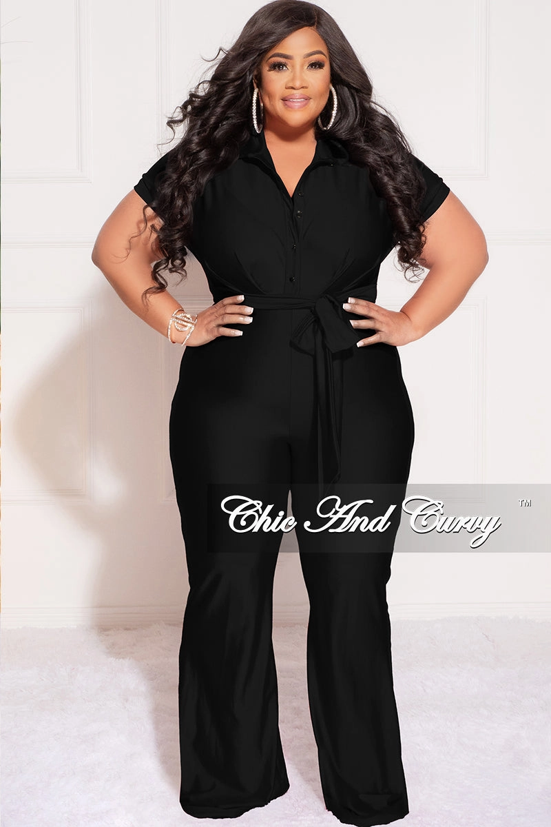 Final Sale Plus Size Shiny Collar Button Up Stretchy Jumpsuit in Black Outdoor Fit Flattering Fit Wear