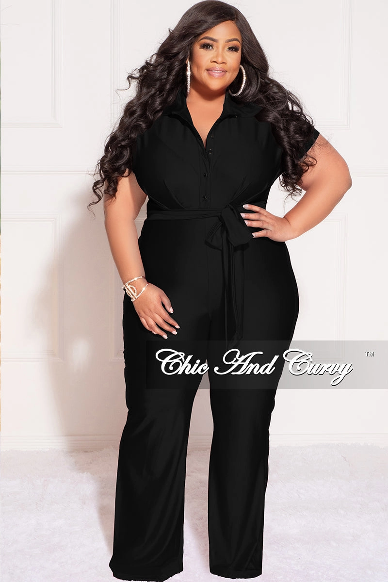 Final Sale Plus Size Shiny Collar Button Up Stretchy Jumpsuit in Black Odor Resistant Easy Pack