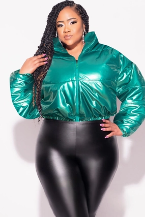 Final Sale Plus Size Shiny Crop Puffer Jacket in Green Moisture control