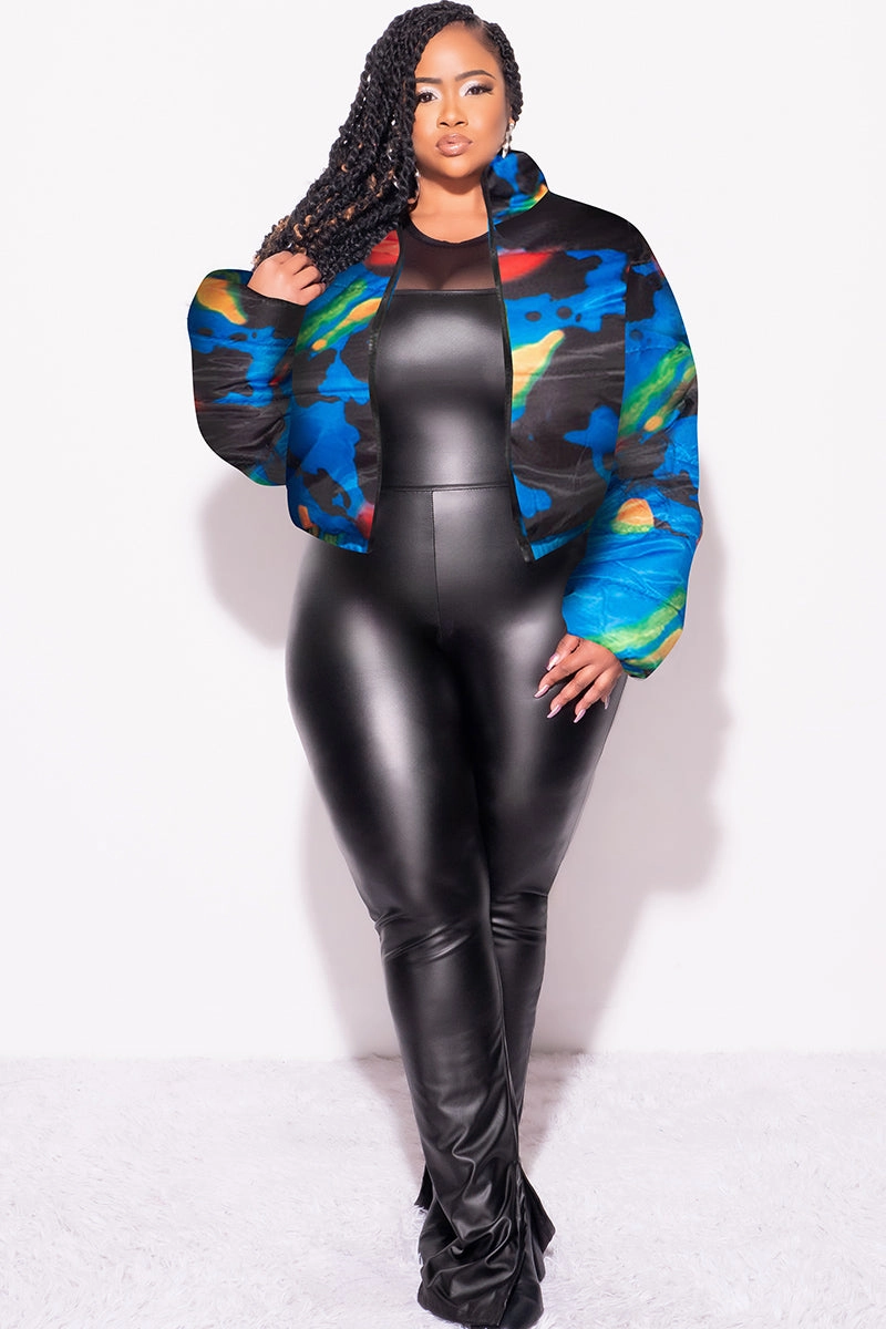 Final Sale Plus Size Shiny Crop Puffer Jacket in Royal Blue Black Red and Green Comfy Look Breathable Layer Fit