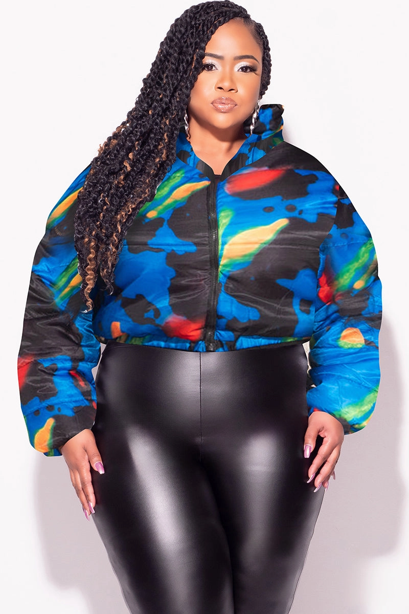 Final Sale Plus Size Shiny Crop Puffer Jacket in Royal Blue Black Red and Green Windproof Membrane CompressionFitFabric