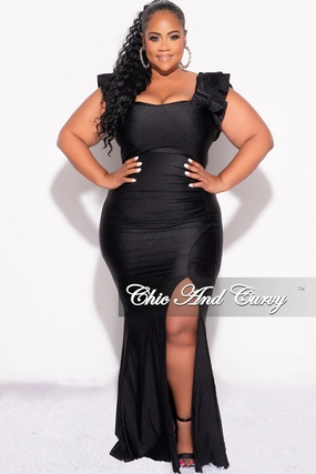 Final Sale Plus Size Shiny Faux Wrap Gown with Slit and Ruffle Layer Sleeves in Black Slim Silhouette Bi Stretch Fabric