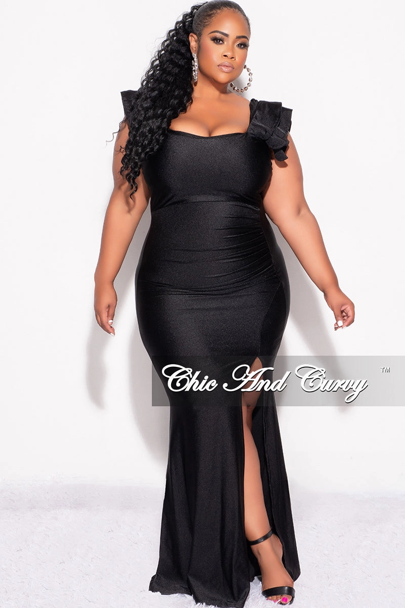 Smart Layering Fitted waist Final Sale Plus Size Shiny Faux Wrap Gown with Slit and Ruffle Layer Sleeves in Black