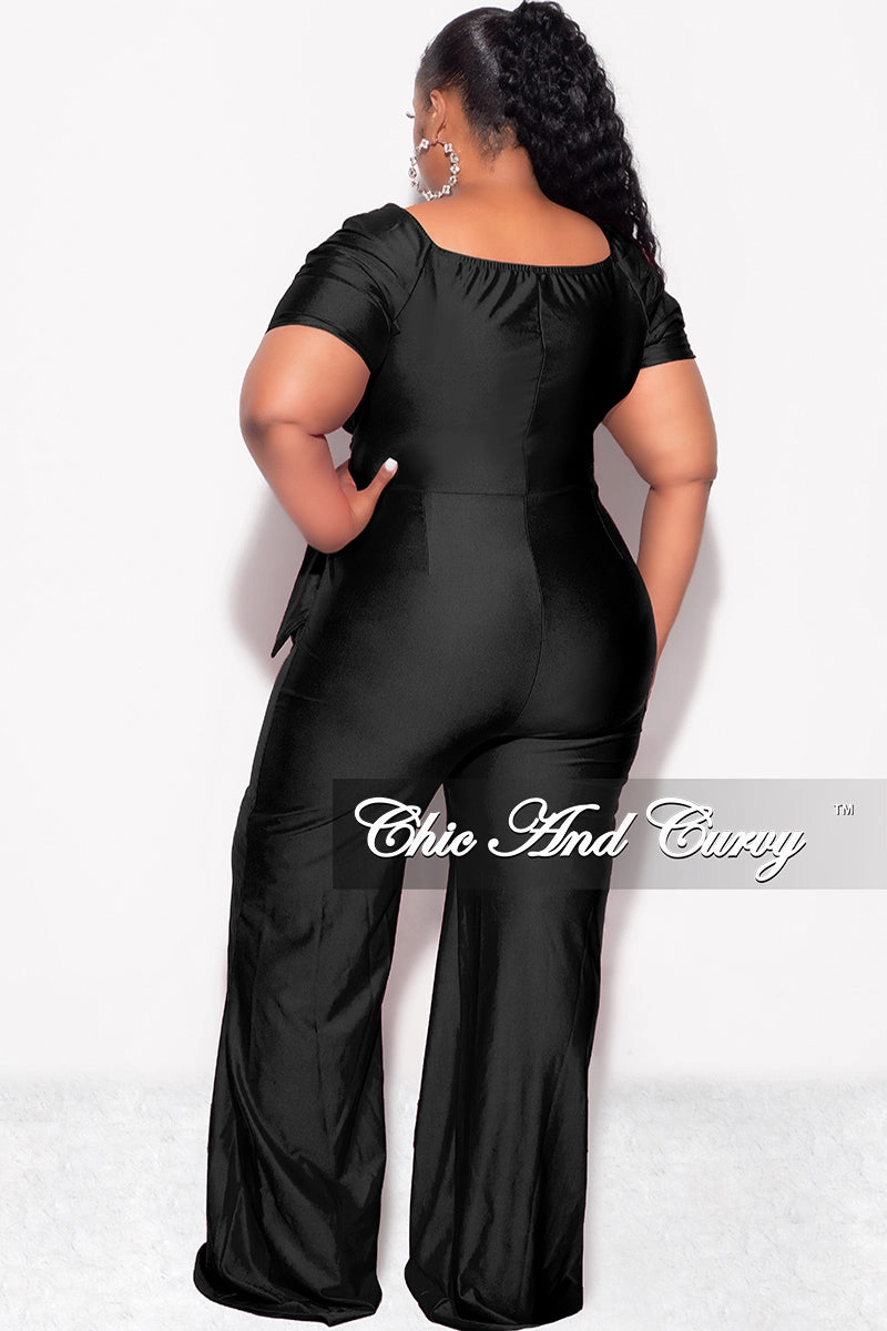 Final Sale Plus Size Shiny Jumpsuit with Ruched Sleeves in Black Cozy Movement Quick Fit