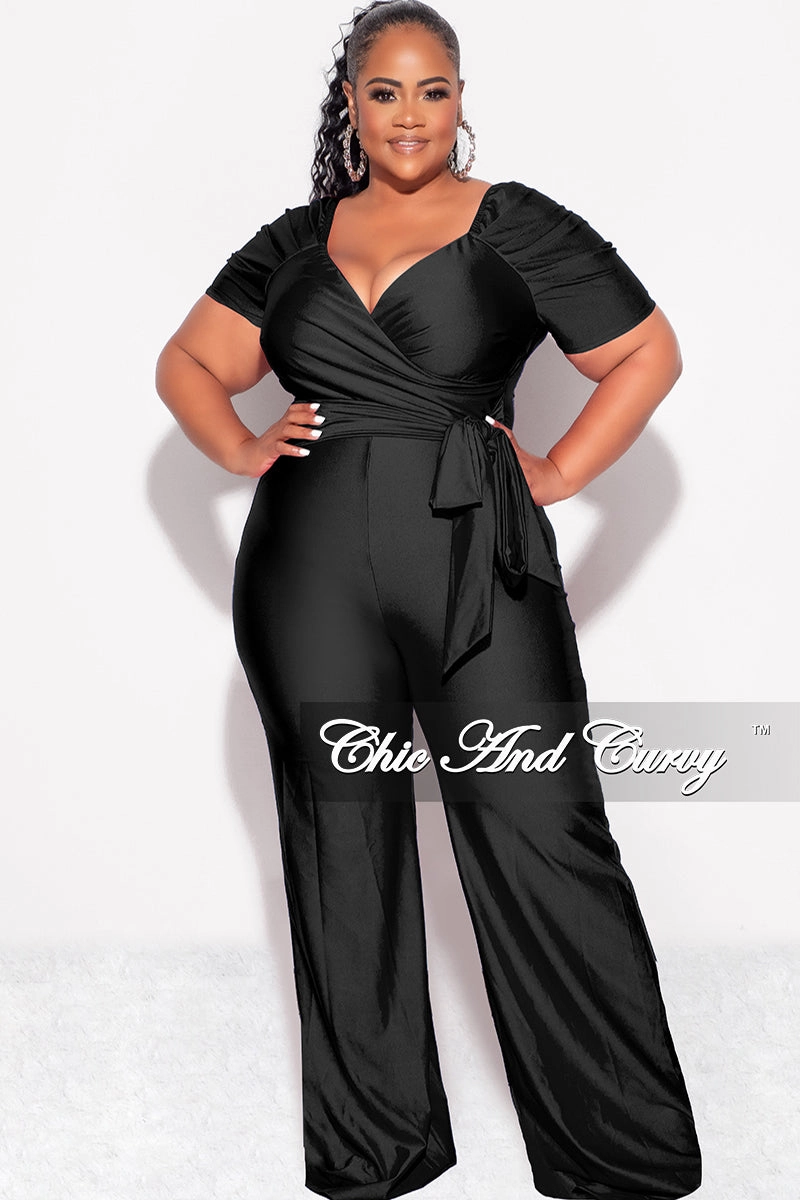Final Sale Plus Size Shiny Jumpsuit with Ruched Sleeves in Black Sleek and Soft Frayed hem