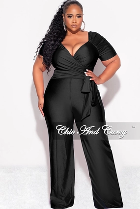 Tagless Design Water resistant coating Final Sale Plus Size Shiny Jumpsuit with Ruched Sleeves in Black
