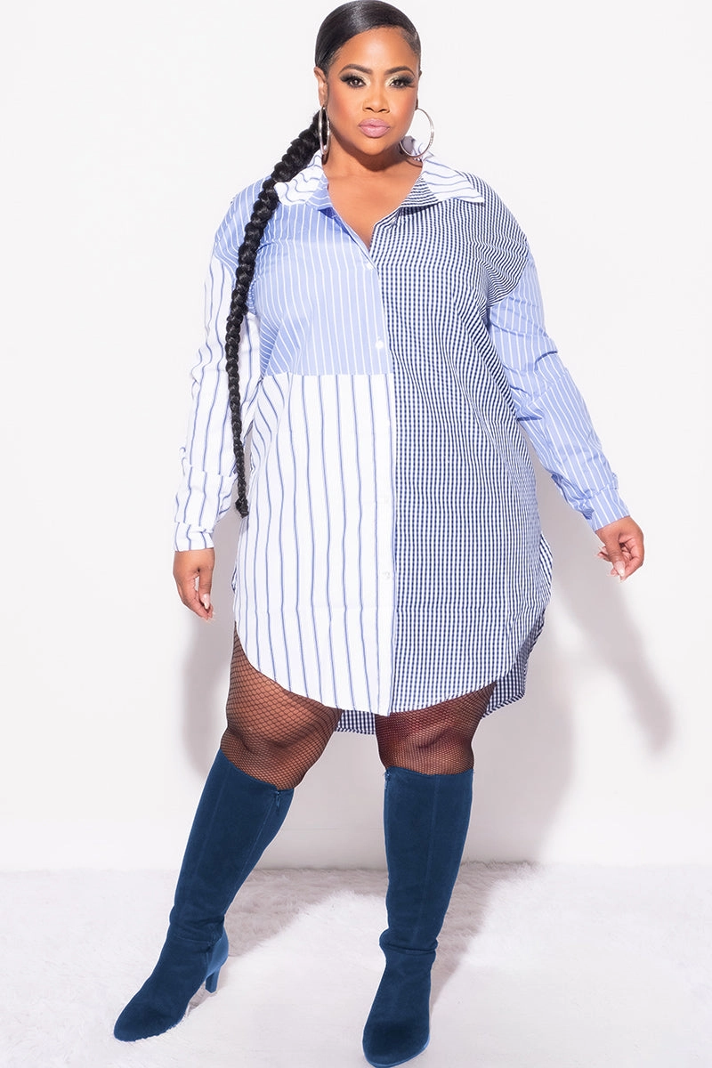 Non slip grip Final Sale Plus Size Shirt Dress in Royal Blue & Navy Print