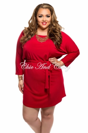 Flexibility Built-In Final Sale Plus Size Shirt Dress with Tie in Red