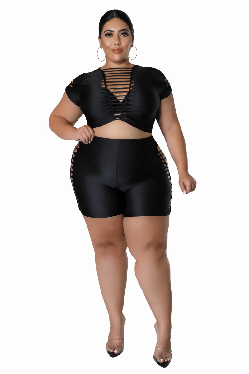 Final Sale Plus Size Short Set with Ripped Sides in Black FadeResistantTreatment
