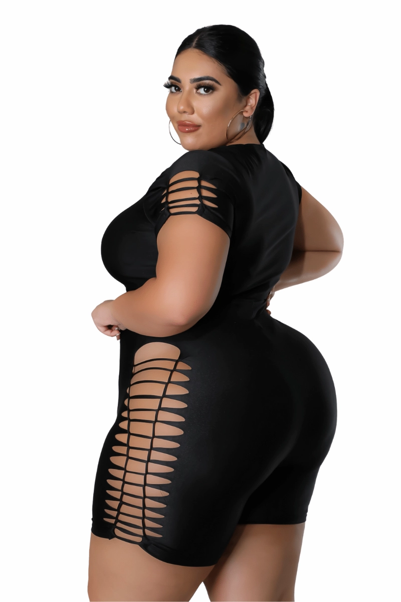 Final Sale Plus Size Short Set with Ripped Sides in Black Utility Ready Seasonal Basic