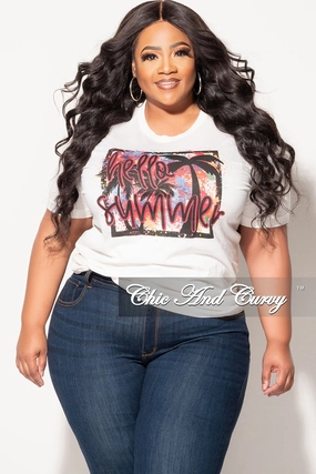 Final Sale Plus Size Short Sleeve Crew Neck Hello Summer T-Shirt in Ivory High Stretch Fit