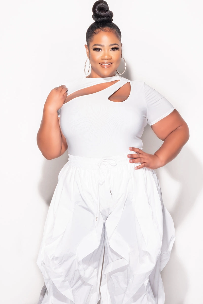 Final Sale Plus Size Short Sleeve Cutout Thong Bodysuit in White AntiSlipWaistband
