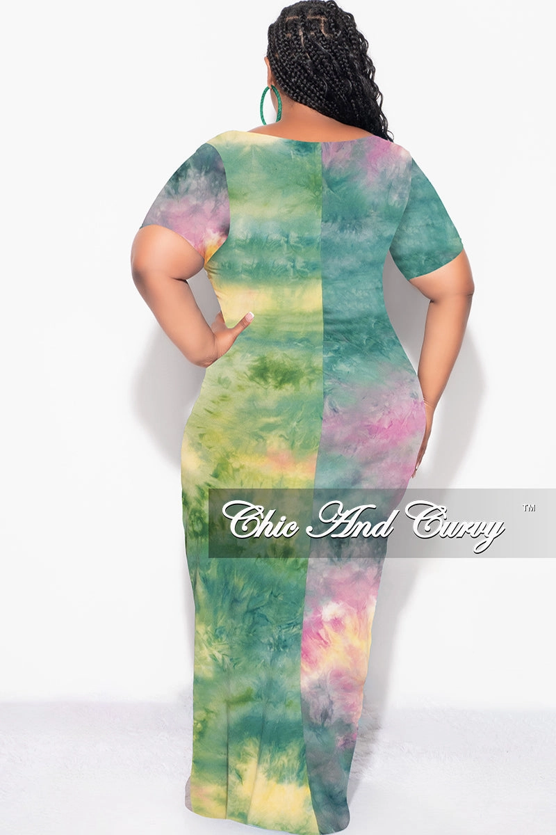 Final Sale Plus Size Short Sleeve Deep Scoop Neck Maxi Dress in Green, Purple and Yellow Tie Dye Print Non Slip Waist Grip Stay Dry