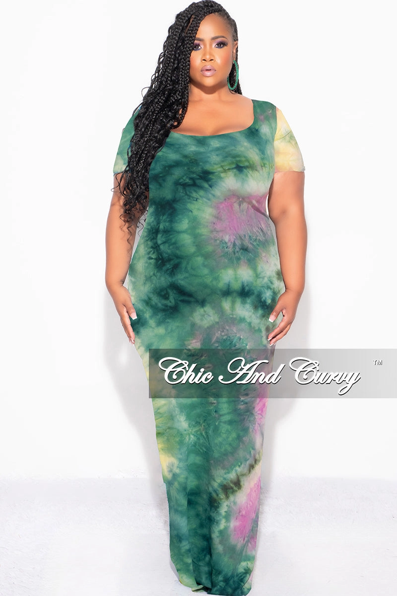 Freedom Motion Final Sale Plus Size Short Sleeve Deep Scoop Neck Maxi Dress in Green, Purple and Yellow Tie Dye Print