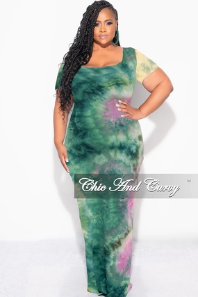 Snug Fit Final Sale Plus Size Short Sleeve Deep Scoop Neck Maxi Dress in Green, Purple and Yellow Tie Dye Print