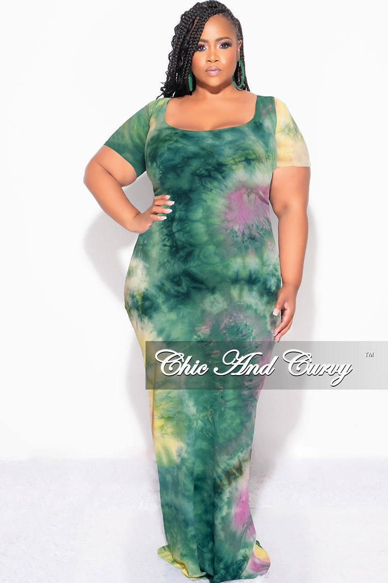 Final Sale Plus Size Short Sleeve Deep Scoop Neck Maxi Dress in Green, Purple and Yellow Tie Dye Print Comfy Material Non-Binding Fit