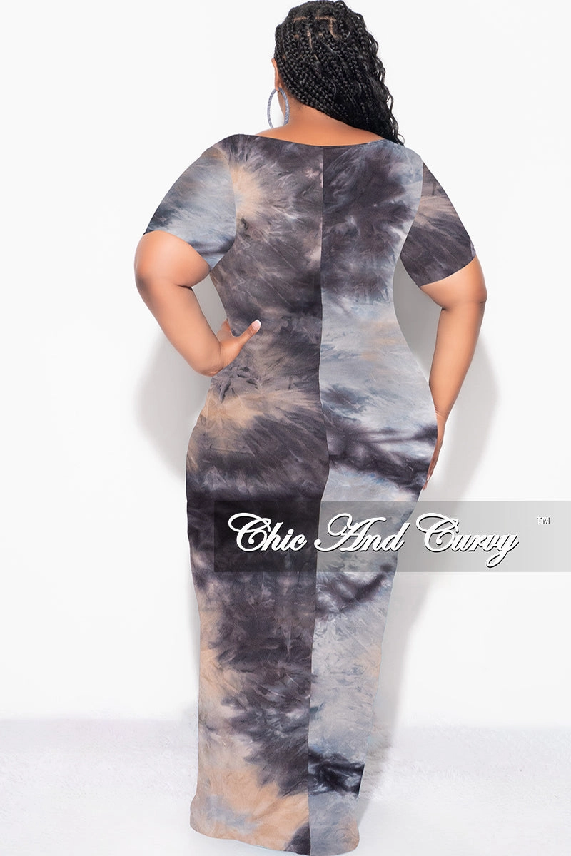 No Ride Up Flat waistband Final Sale Plus Size Short Sleeve Deep Scoop Neck Maxi Dress in Grey, Black and Tan Tie Dye Print